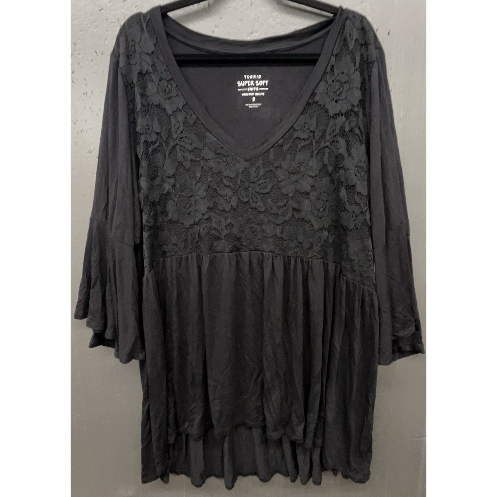 Torrid Tunic Top 3 Black Lace Flared Sleeve Soft Knit Romantic Dark Fairy NEW